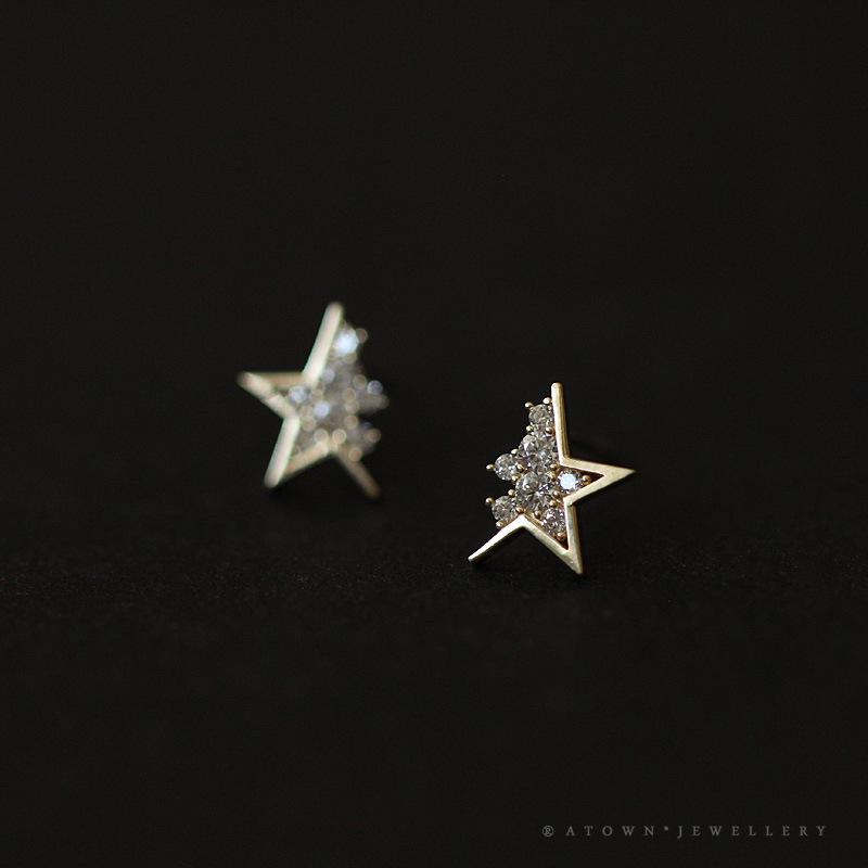14K Gold-Plated Sterling Silver Star Stud Earrings with Diamonds Gold Pair (with Earplugs)