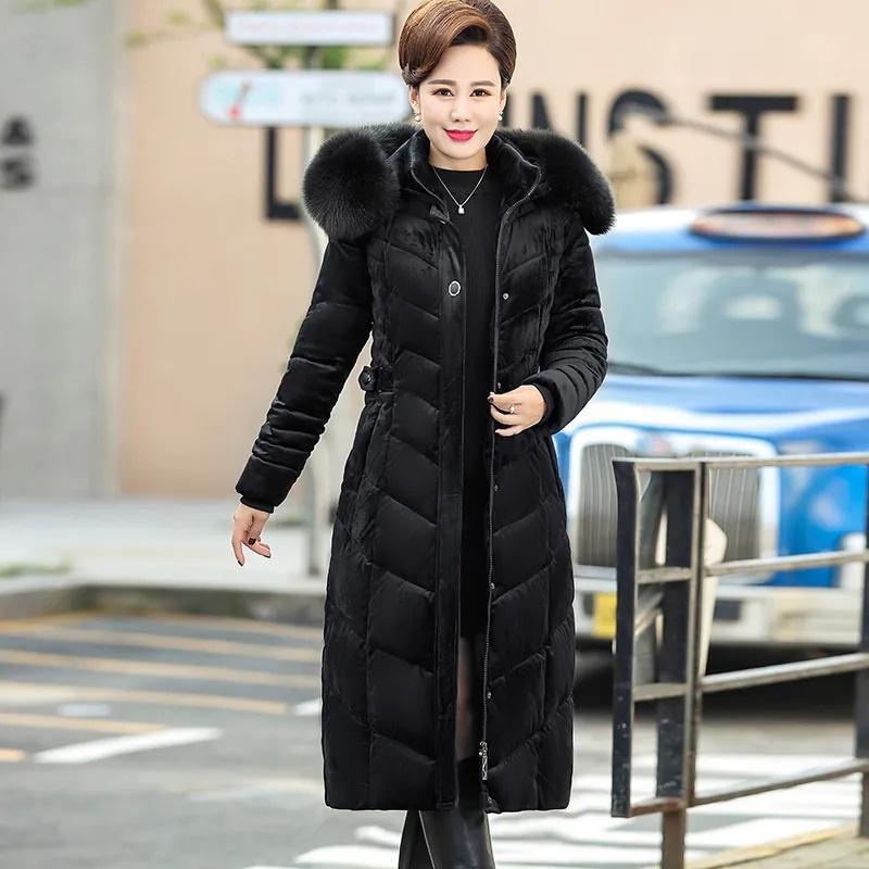 

Длинная зимняя парка для мам, стеганая, элегантная, роскошная, золотистого цвета, бархатная, пуховая, хлопковая, толстая, теплая куртка для женщин среднего возраста L чёрный