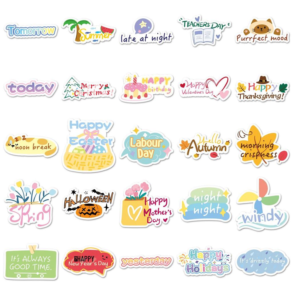 50 Original English Festival Cartoon Stickers for Phone Cases, Water Bottles, Books, and More