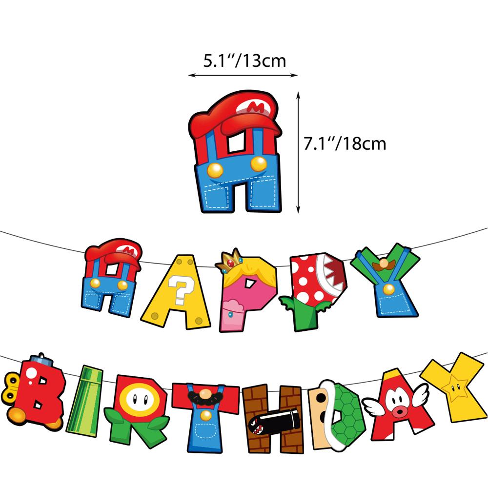 1 x mehrfarbige Happy Birthday-Girlande im Mario-Design mit Cupcake-Toppern und Luftballons