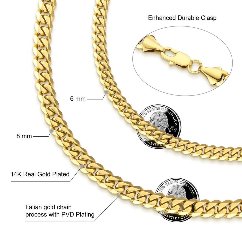 USA Free Shipping Real 8mm 14k Gold Plated Miami Cuban Link Chain Women Gifts Jewelry Stainless Steel Waterproof Mens Necklace