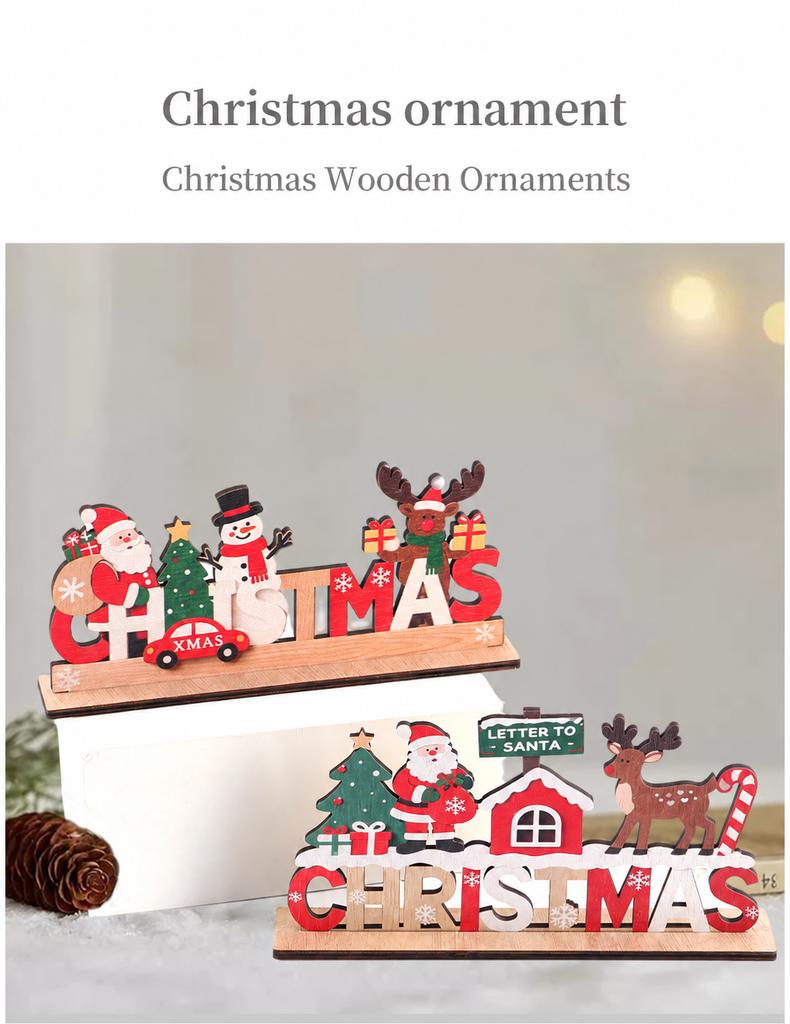 Santa Reindeer Desktop Ornament Wooden Christmas Houses Village Tabletop Decoration For Home Xmas 2026 2027 New Year Party Decor