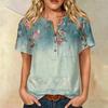 Camicia Casual da Donna con Stampa, Collo Henley, Manica Corta, Cotone e Lino, Tasca Frontale e Bottone, Vestibilità Rilassata