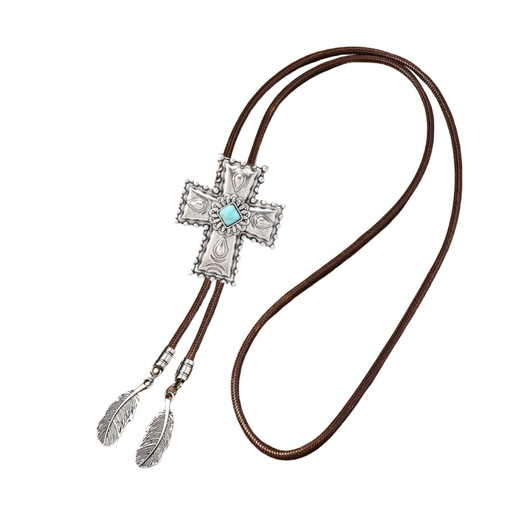 Men's Rodeos Western Leather Cord Bolo Tie Antique Floral Stone Jewelry Cowboy Necktie Necklace with Feathered Pendant