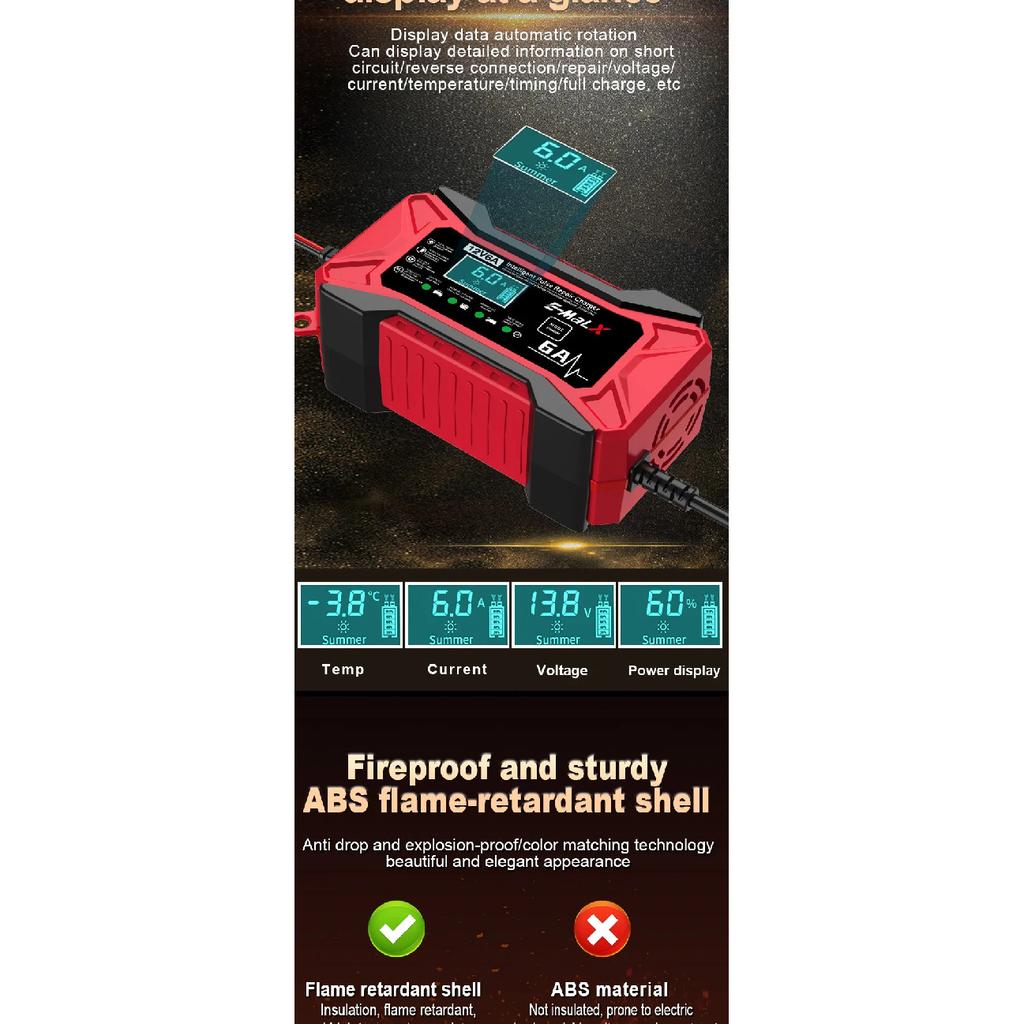 12V 6A Car Battery Charger Pulse Repair LiFePO4 14.6V Smart Fast Charge AGM Deep Cycle GEL Lead-Acid Charger For Auto Motorcycle