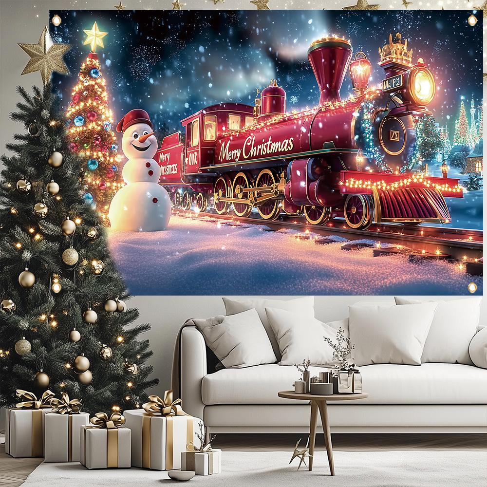 1 Weihnachtlicher Glückszug Polyester-Banner, Festliche rot-weiße Schneeszene, geeignet für festliche Fotos und Heimwanddekoration