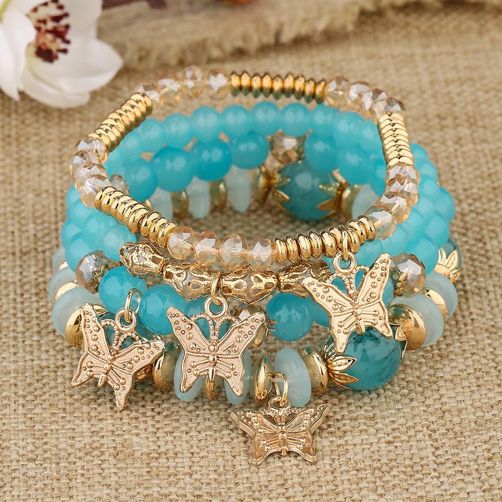 Bohemian Multi-layer Crystal Beaded Butterfly Pendant Stacking Bracelet