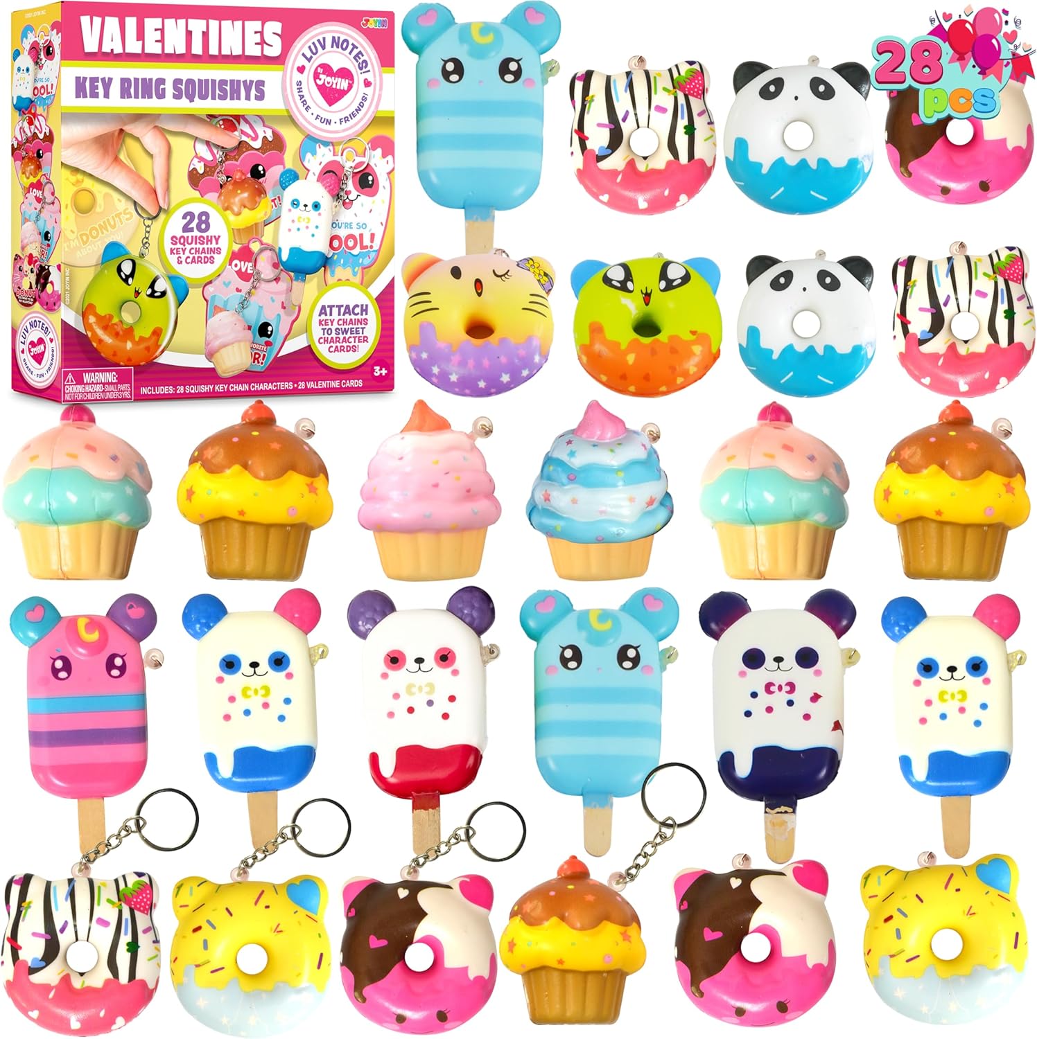 

28 Pack Dessert squishy playthings Stress Relief Keychains featuring Cards designed for Valentine’s Greeting Cards Celebration Favors Exchange