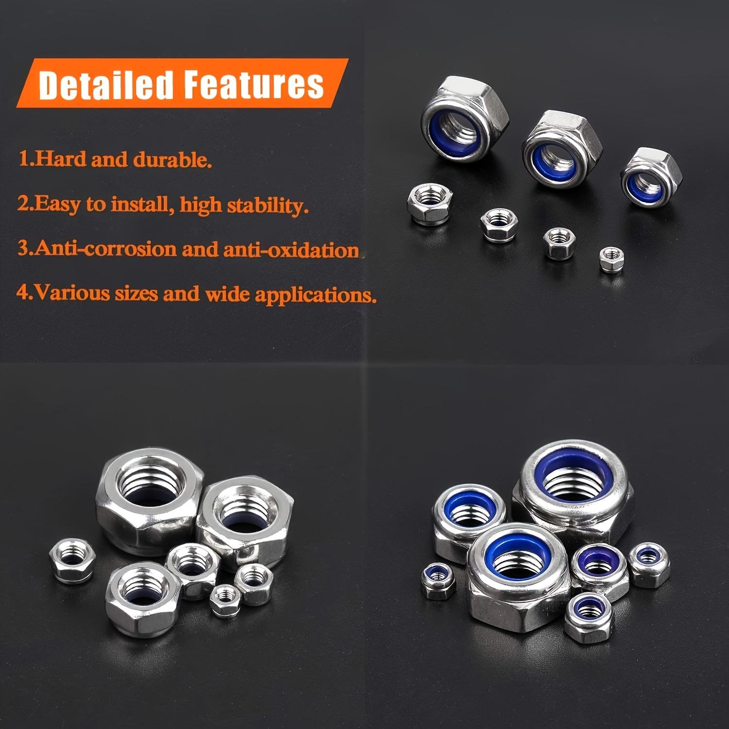 

230pcs Grade A Stainless Steel Lock Nut Set with Nylon Inserts, Fully Threaded, Right Hand Thread, Anti-Loosening Design 230 PCS