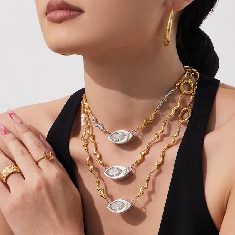 Stainless Steel Geometric Pendant Necklace With Zircon Stone Freshwater Pearl Texture Chain Women