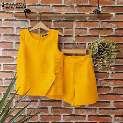 Women's Summer Round Neck Sleeveless Button Pockets Solid Color Loose Tops and Shorts Two-piece Set