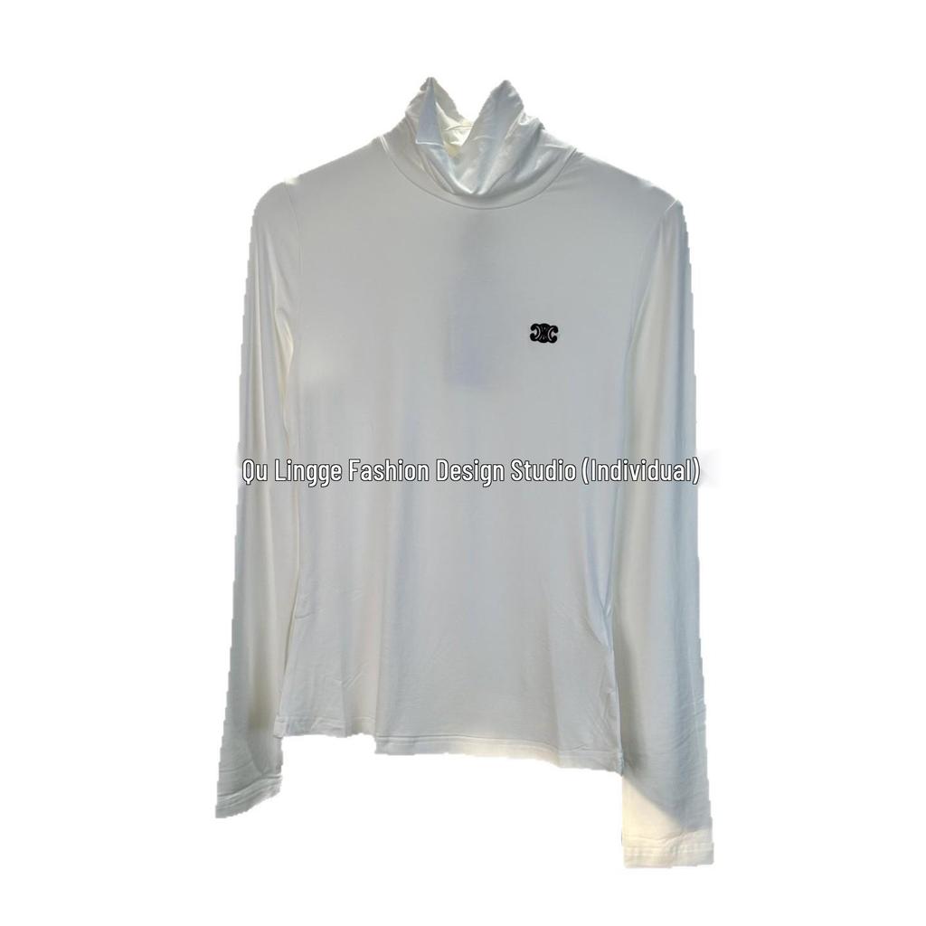 Damski T-shirt LENGE w stylu retro, z wysokim dekoltem, dopasowany, z haftem Łuku Triumfalnego