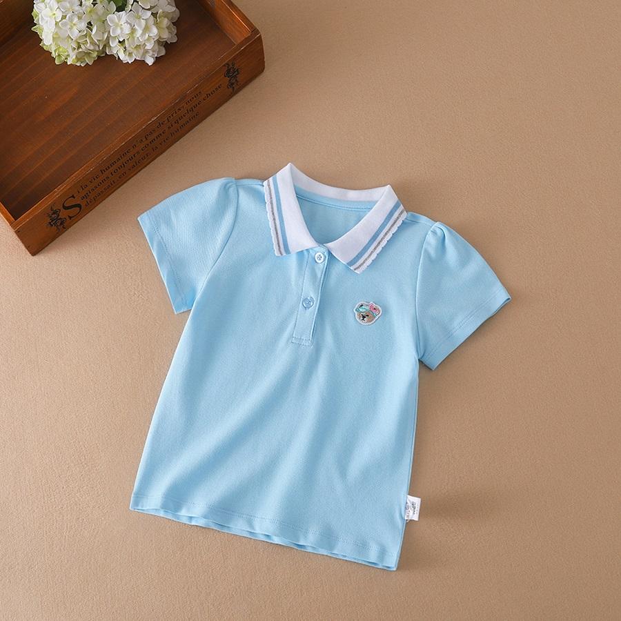 

Новинка 2024 года, летняя детская одежда для маленьких девочек, детская одежда с короткими рукавами, рубашка-поло с полосатой отделкой для маленьких девочек 130 синий