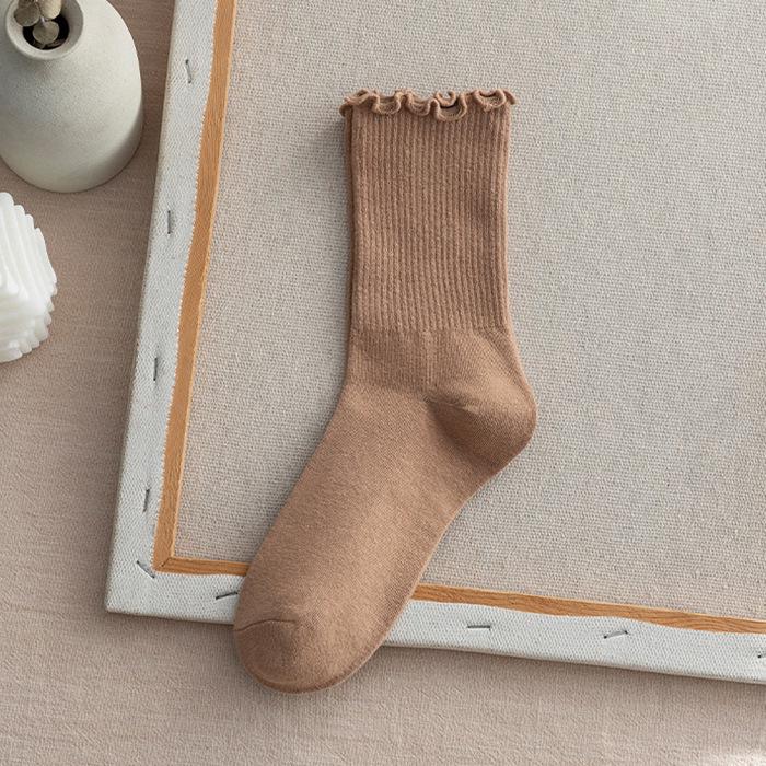 Women's Mid-Calf Ruffle Lace Socks, Coffee Color, Japanese/Korean Style, Cute Solid Color, Versatile and Girly for Spring/Fall.