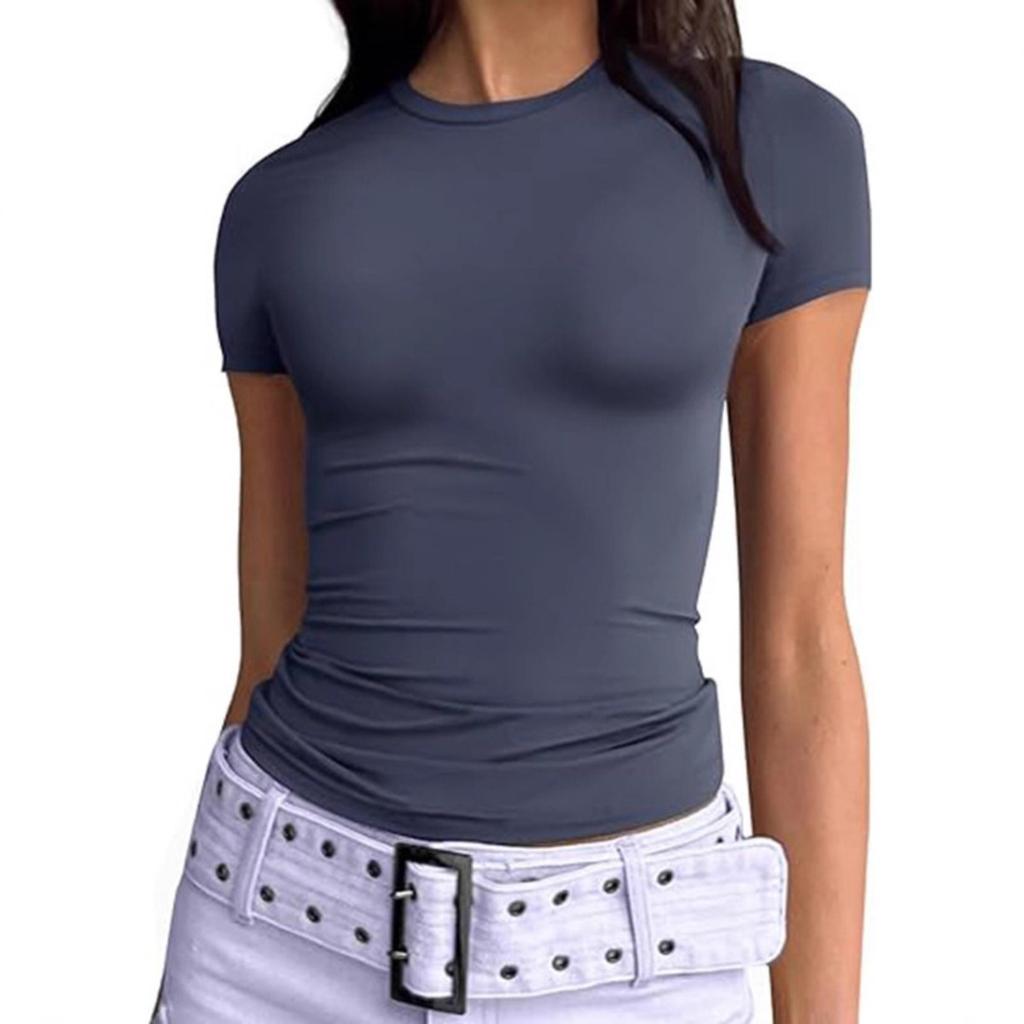 Sommer Damen Slim Fit Rundhals Milchseide T-Shirt, Y2K Mode Lässiges Crop Top für Damen