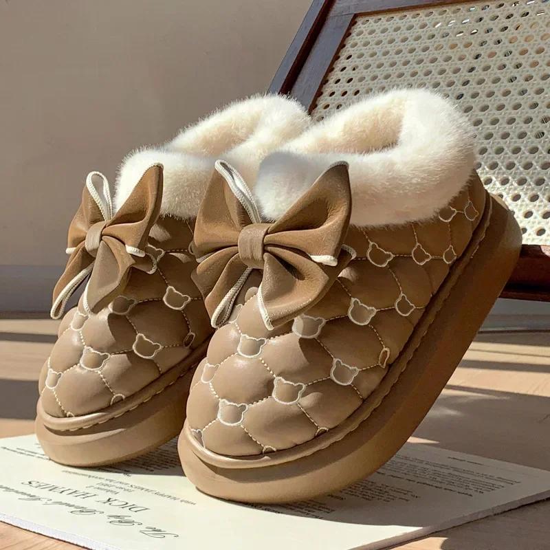 Winter Women Snow Boots Cute Bow Cotton Shoes Waterproof Down Ankle Boots Home Comfort Thick Soled Plush Boots Cotton Slippers