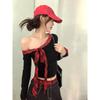 Black Off Shoulder Spliced Long Sleeve T Shirt For Women Spring And Autumn Slim Fitting Short Top