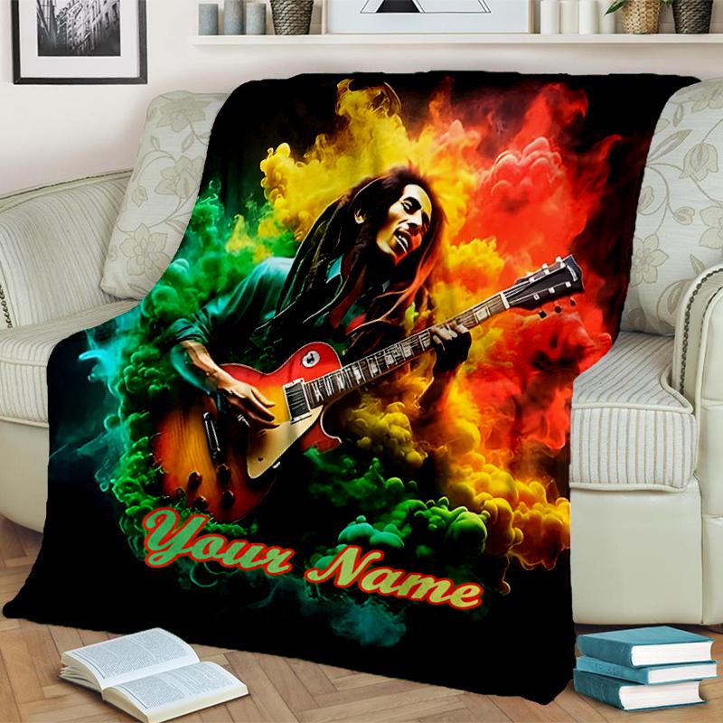 1PC Custom Name Rasta Music Legend flannel blanket versatile,all-season throw suitable for the living room,bedroom,camping,travel,and gift