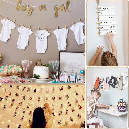 joycraft Mini Wooden Clothesp with String - 100Pcs Brown Craft Clips, 1.4 in Photo Holder Hanging Clips for DIY Craft, Wedding Party Decor, Classroom