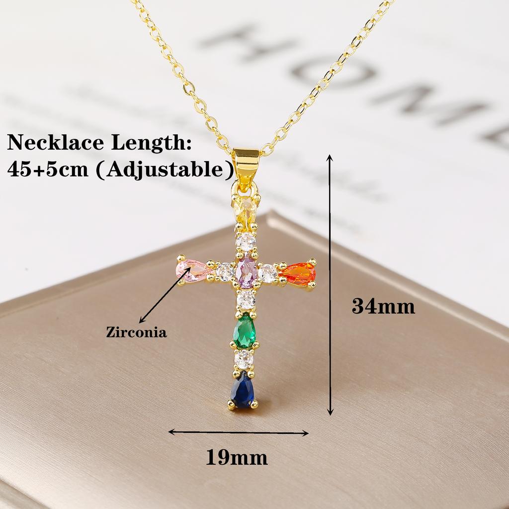 Shiny Rhinestones Cross Necklace Colorful Cubic Zirconia Pendant Christian Religious Jewelry for Women Fashion Choker Gift