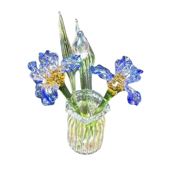 1 Set Glass Flower Bouquet with Vase Hand-Blown Mini Flower Decoration Home Living Room Handmade Simulation Floral Ornament with Stem