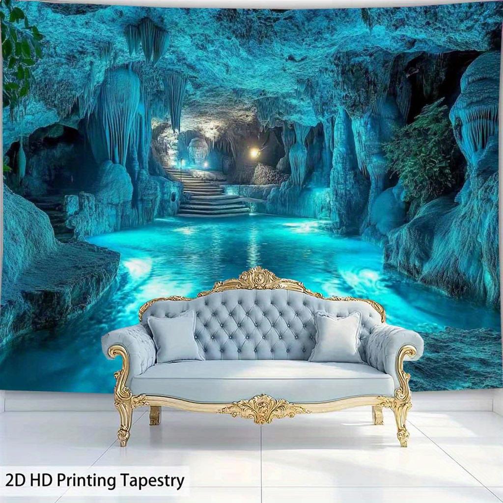 1pc Large Blue Cave Underwater World Tapestry - HD Printed Sateen Weave Fabric Wall Hanging, Horizontal Oceanic Theme Decor for