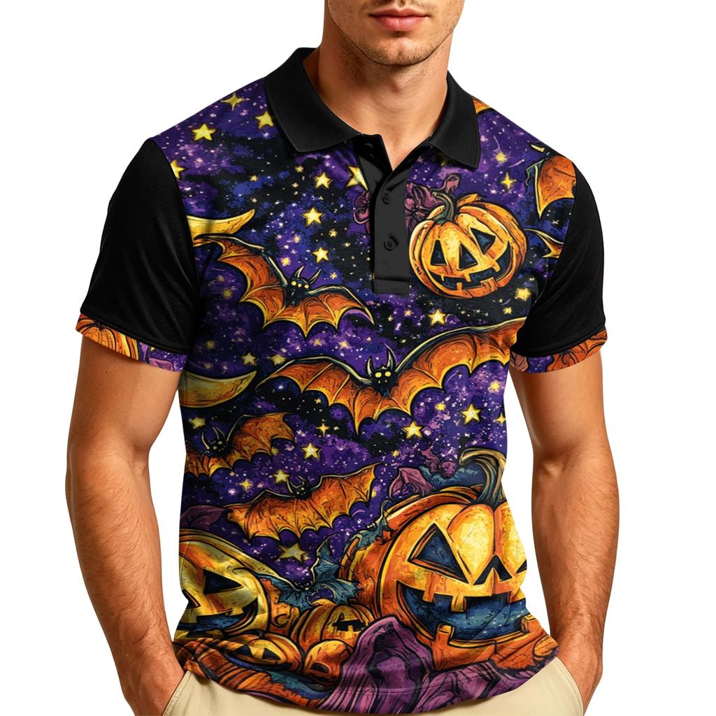 Men's Halloween Short Sleeve Casual Shirt with Turn Down Collar