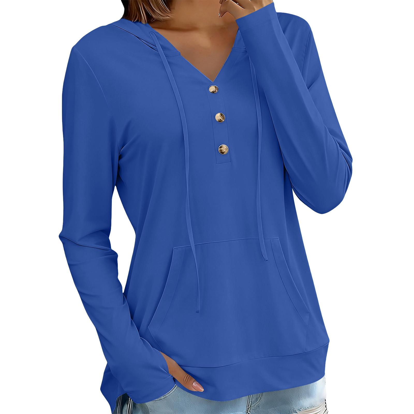 Women’s Fashionable Casual Plain Long-Sleeved Hooded Button-Up Ice Silk Sun Top M синий