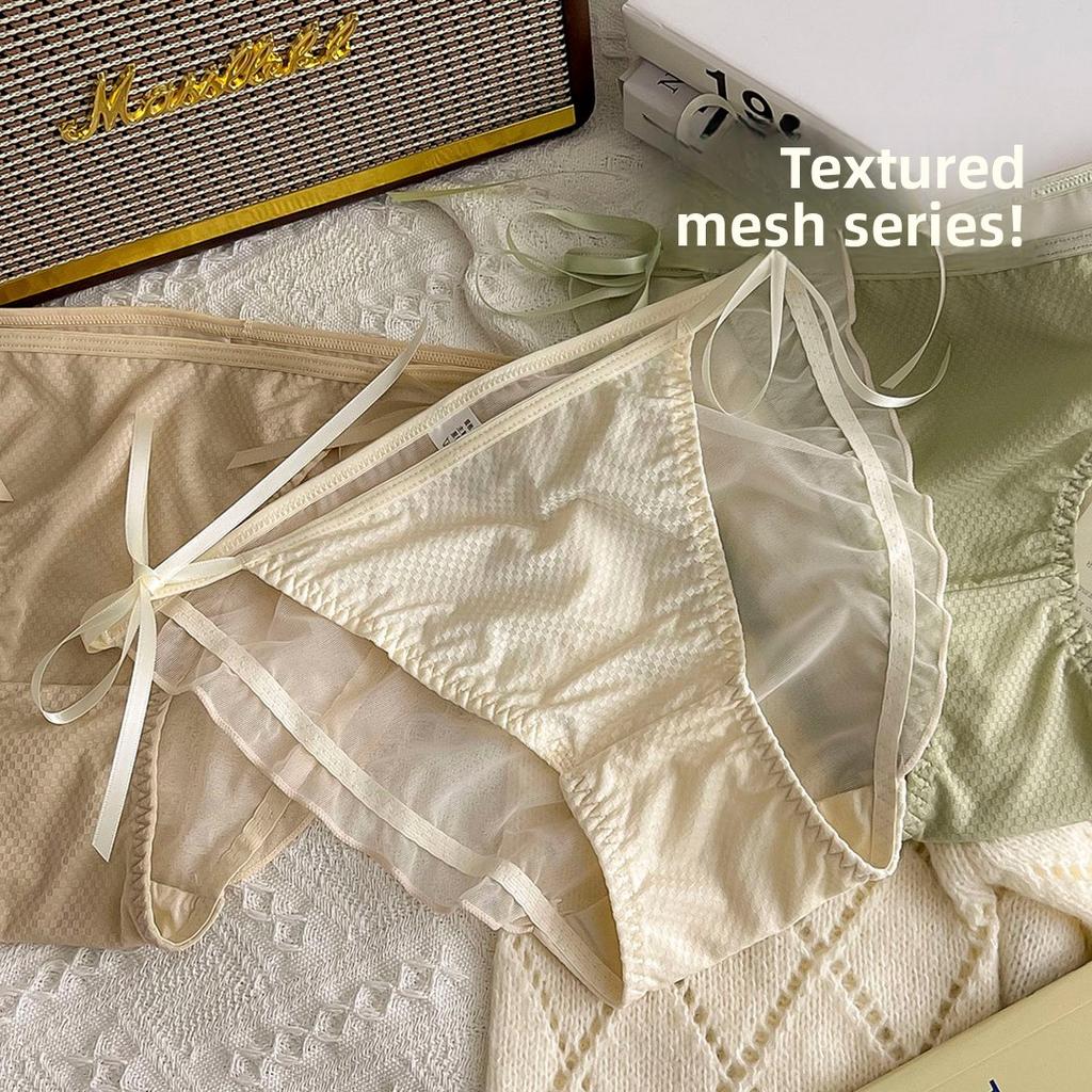 Ladies Summer Sweet Sexy Lace Mesh Binding Bow Antibacterial Crotch No Mark High Cross Triangle Briefs