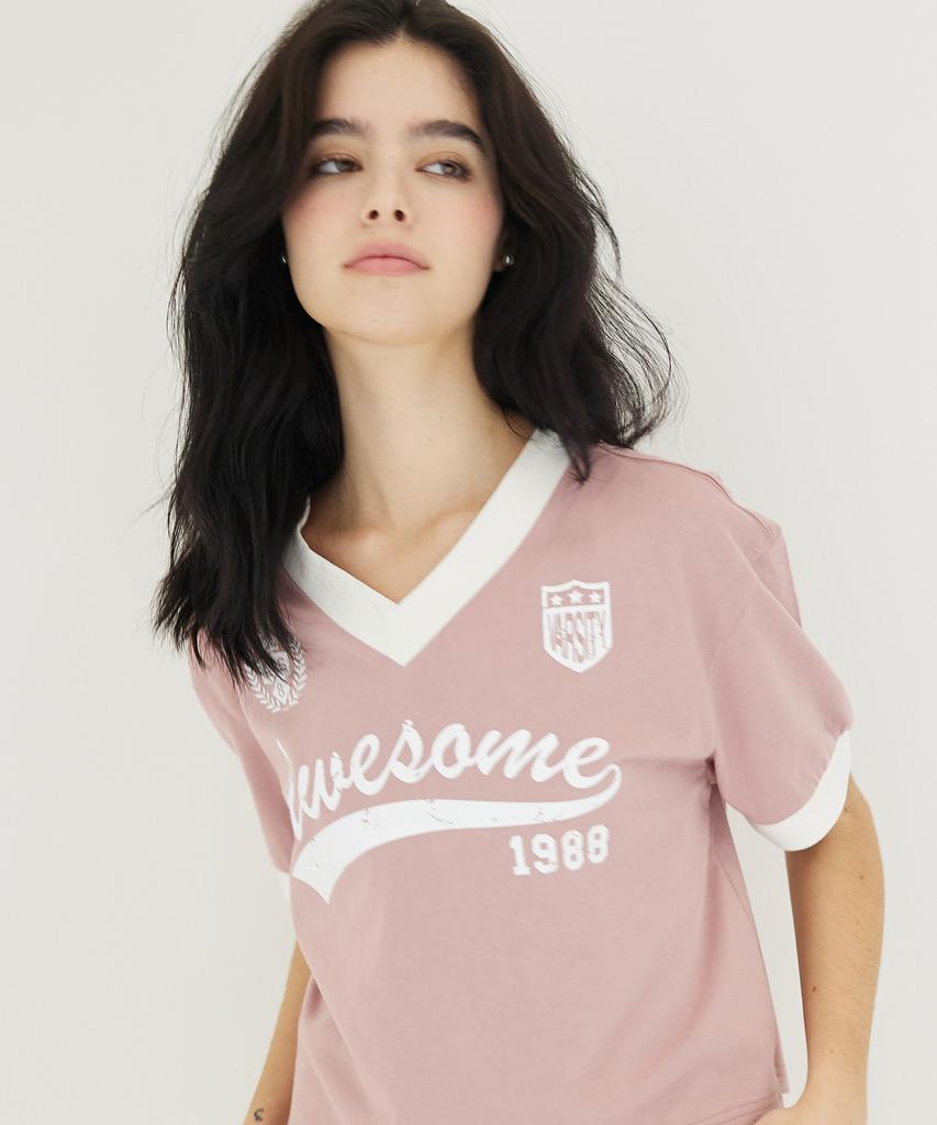AWESOME STUDIO V-Neck Uniform Short Sleeve T-Shirt Indie Pink