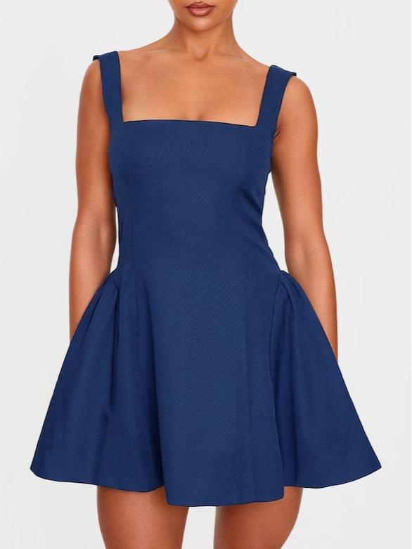 Women's Sleeveless Square Neck Cinched Waist Mini Flared Party Dress