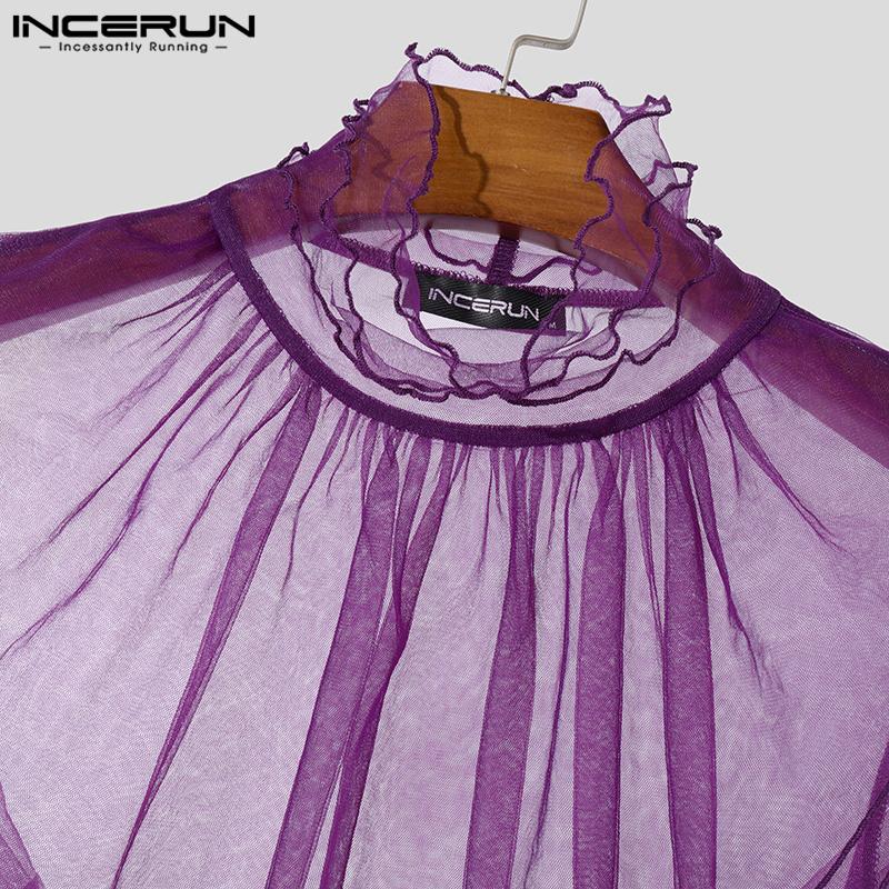 INCERUN Men Turtleneck Ruffled Layers Long Sleeve See Through Party Mesh Sheer Tops