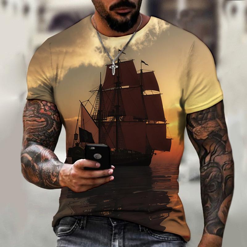 Vintage T-Shirts Men Spring Clothing Boat Graphic Apparel Streetwear Men's Clothing Casual Short Sleeve Tops For Male Shirt Tees