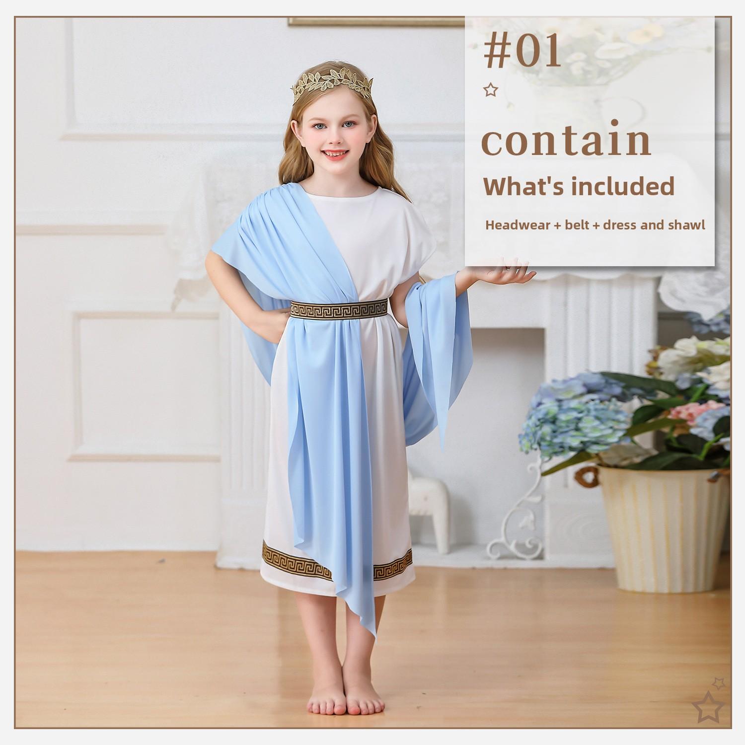 Greek Mythology Halloween Costume White Roman Toga Robe for Boys Girls Party Performance 120cm синий