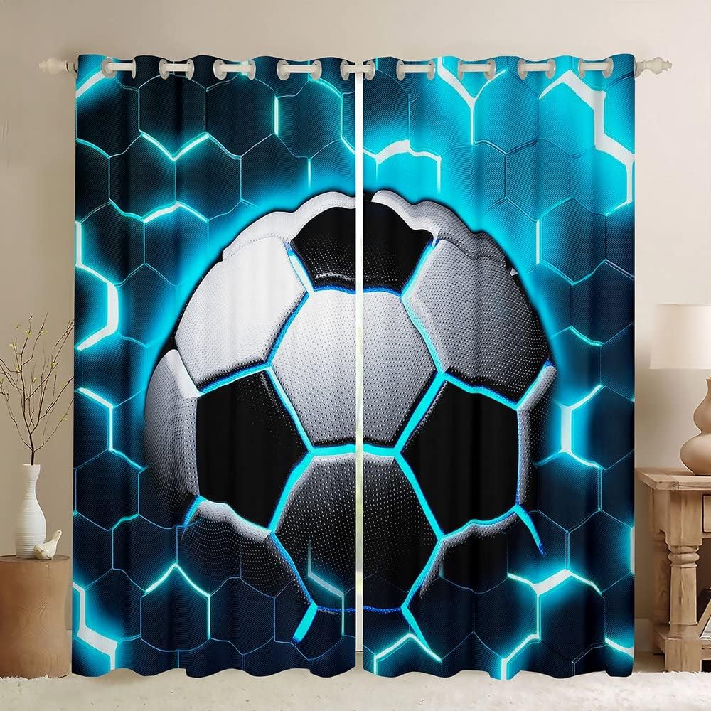 2 Panel Hexagonal Geometric Glowing Curtain Basketball Baseball Football Soccer Curtain for Boys Bedroom Blinds Window Cortinas