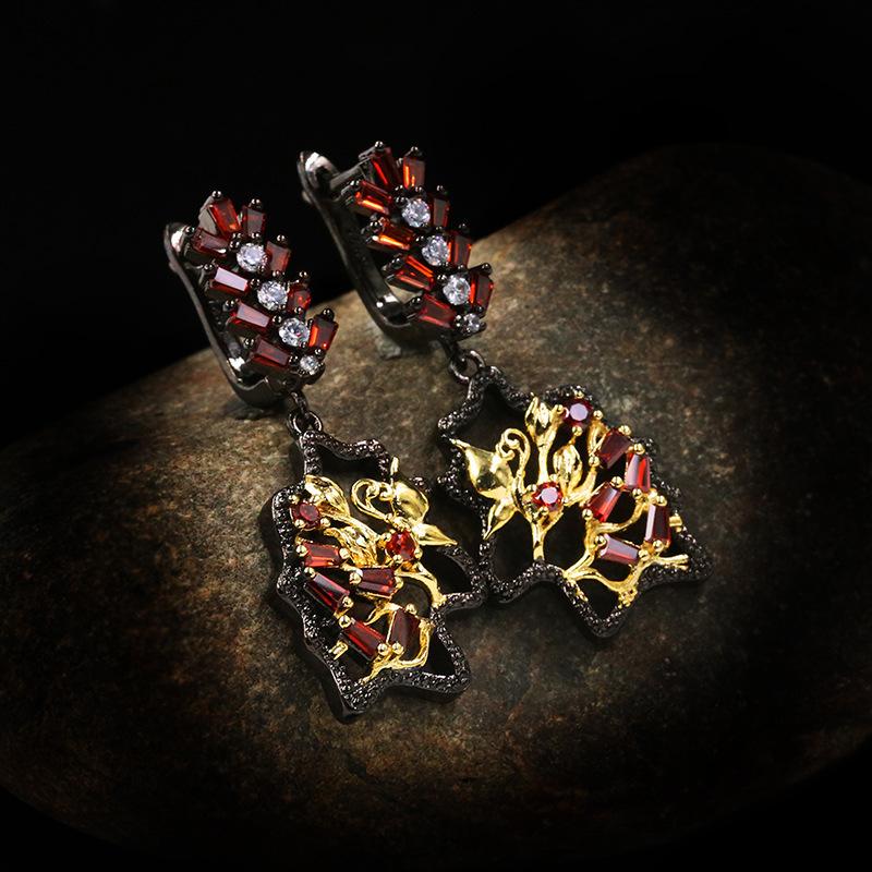 Light Luxury Hollow Design Inlaid with Red Square Zircon Jewelry Three-piece Set-fashion Ring Necklace Ladies Earrings