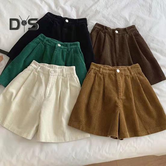 Vintage-Cord-Damen-Shorts, elastisch, hohe Taille, Knopf, Reißverschluss, Shorts, Taschen, weites Bein, kurze Hose