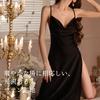 Satin Camisole Dress with Long Sexy and and Long Length Slit, Cute, Simple, Luxurious, Elegant, (Small, Black)