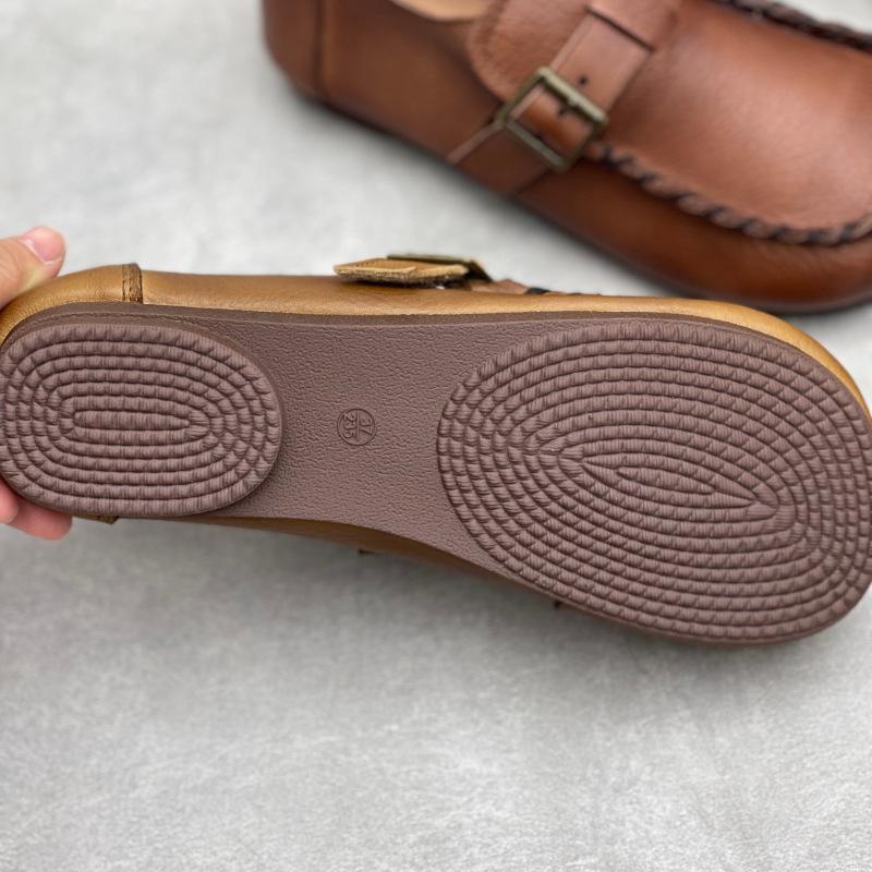 Johnature Handmade Genuine Leather Loafers Round Toe Soft Sole Casual Women's Flat Shoes