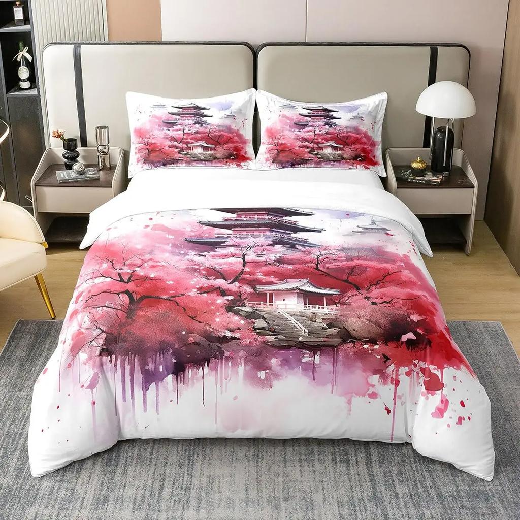 Japanese Building Duvet Cover Sets for Teens Queen Size Quilt Covers Lightweight Down 2 Pillowcases 1 Duvet Cover No Comforter