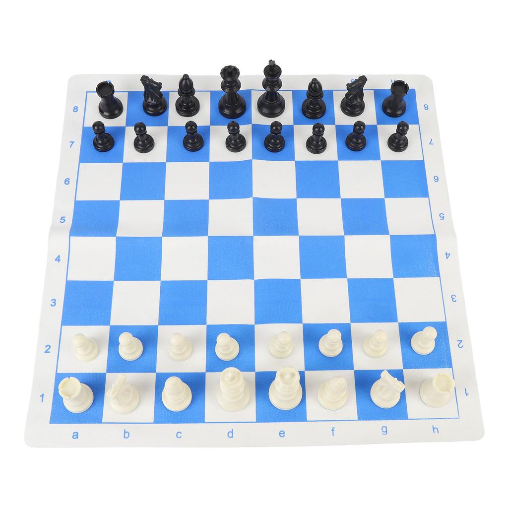 Chess Set Adults Kids Plastic Pieces Portable Folding Roll Up Travel Board Game PU Leather Blue White Grid Chessboard