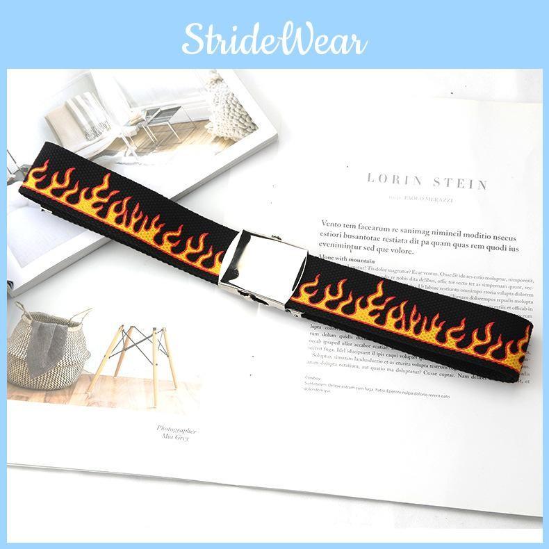 Flame Pattern Fashionable Metal Buckle Decoration Men Casual Woven Belt Canvas