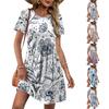 Women's Short Sleeve Floral Print Round Neck Casual Waist Tie Dress with Pockets Suitable for Everyday Wear and Outdoor Activities