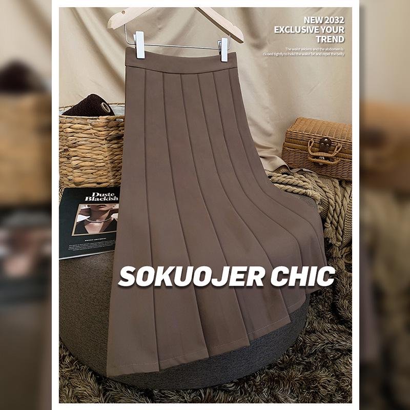 Högkvalitativ medellång plisserad A-linjeformad kjol med resår i midjan för kvinnor - Mångsidig höst/vinterstil