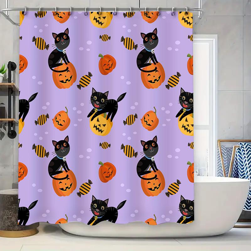 Halloween-themed shower curtain with black cats and pumpkins for bathroom decor accessories waterproof fabric, suitable for Hall