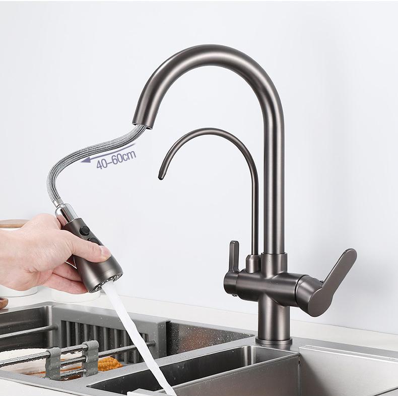 Matte Black Kitchen Faucet with Pure Water Function Dual Handle Tap Deck Mounted 360 Rotation Pull Out Hot Cold Mixer Taps