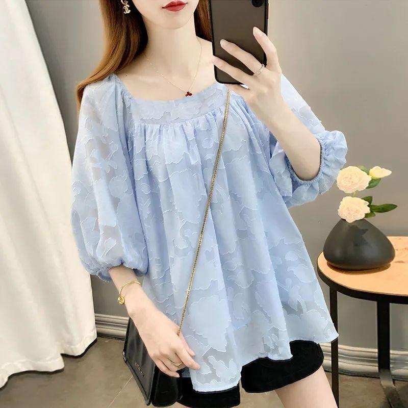 Trendy Summer Plus Size Chiffon Shirt Loose Bubble Sleeve Short Sleeve Top Hide Belly Flowy