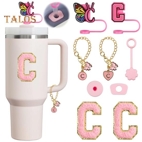 Set de dop de paie portabil de 9 buc. Accesorii pentru paie cu litere, design fluture, pentru cești de 30 oz 40 oz, capace reutilizabile din silicon pentru capace de paie.