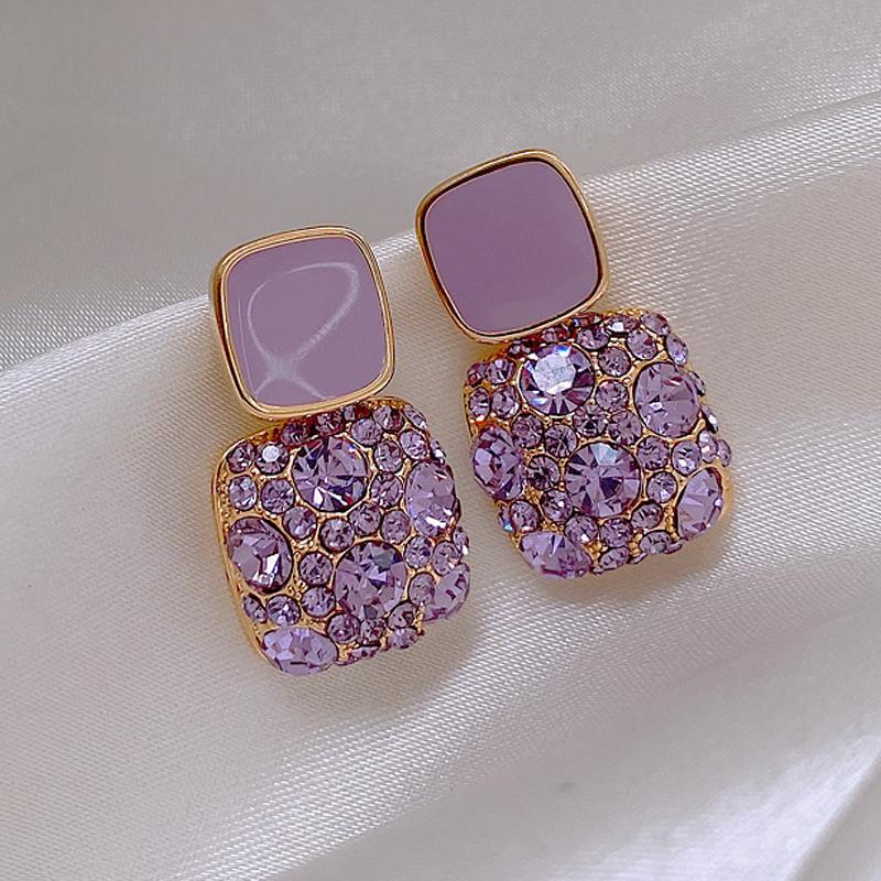 Square Drop Earrings for Women Enamel Oil Crystal Dangle Earrings Elegant White Black Purple Geometric Party Jewelry