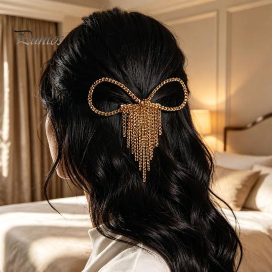Hollow Bow Hair Clip Clip, Short Chain Tassel Hairpin, Metal Elastic for Medium Bowknot Ponytail Holder Accessories Women Girls Gold Plated